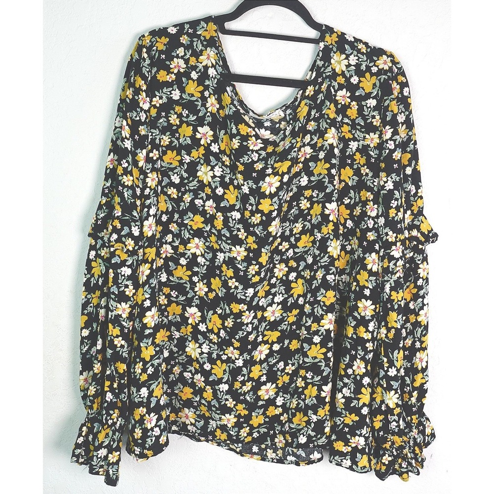 Live To Be Spoiled Blouse Womens 3X Black Yellow Floral Ruffle Sleeve Top